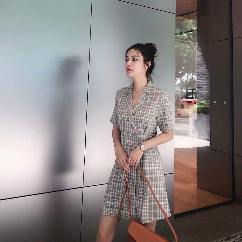 Elegant Plaid Dress Short Sleeve A-line Casual Streetwear Female Short Dress Button Summer Dress