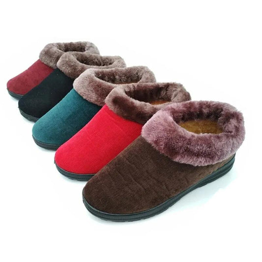 Women's Plus Velvet Warm Non-slip Cotton Shoes Home Shoes Slippers Mother Shoes Corduroy Cotton Shoes Flat-bottomed Soft Shoes for The Elderly