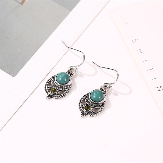 Ear Jewelry Bohemian Style Sub-turquoise Pendant Court Retro Hollow Carved Ear Hook Earrings