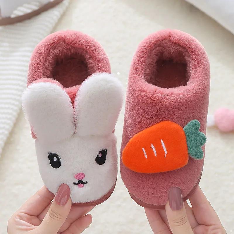 Kids Fur Slides Kids Shoes Autumn Winter Indoor Non-slip Cute Rabbit Cotton Home Slippers Baby Girls Slippers