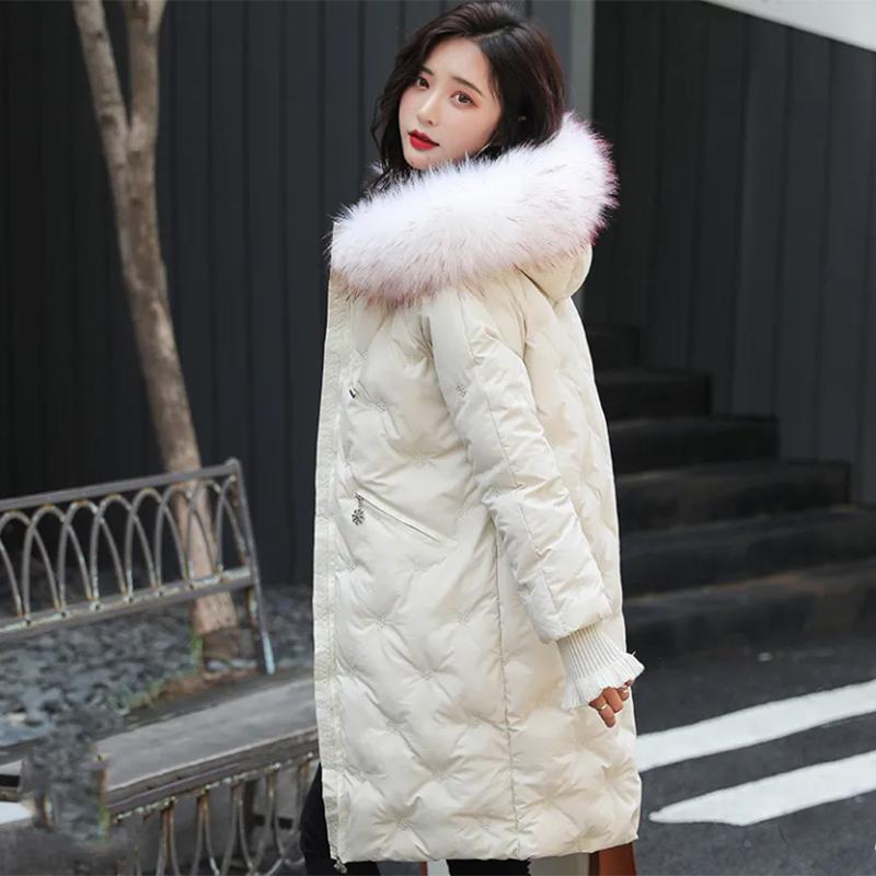 Women's Solid Color Embroidered Down Jacket Mid-length Korean Style Loose Thick Coat Warm Cotton Coat Large Fur Collar Winter Quilted Jacket