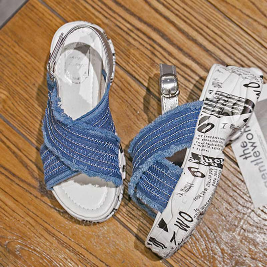 Size35-39 Summer Women Shiny Slippers Outdoor Cross Cowboy High Heels Bohemian Beach Wear-resistant Non-slip Slippers Wedge Platform Sandals