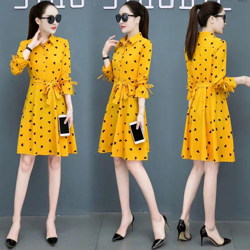 Spring Autumn Women Heart Printed Long Sleeve Shirt Dress OL Style Knee-length A-line Dress Plus Size M-5XL