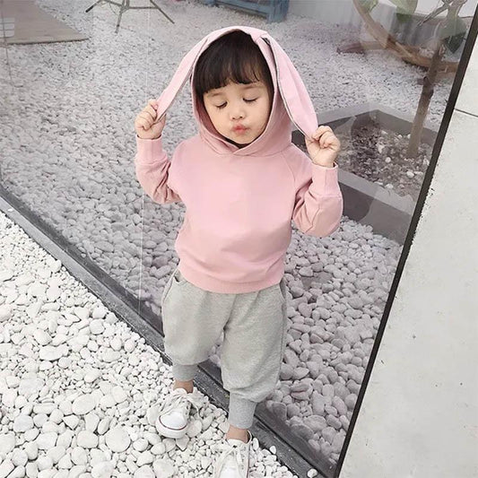 Girls Spring and Autumn Hooded Pullover Sweater Cute Rabbit Ears Decorative Pants Casual Style Children's Two-piece Set