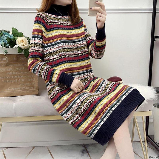 Ethnic Style Color Matching Turtleneck Sweater Women Loose Mid-length Base Sweater Skirt Autumn and Winter