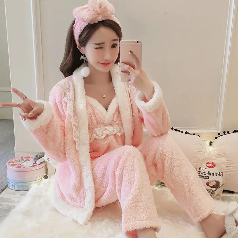 Women's Winter Pajamas Set Thickened Coral Fleece Sweet Cute Sexy Plush Suspenders Top Bottoms Four-piece Set Flannel Homewear Hairband