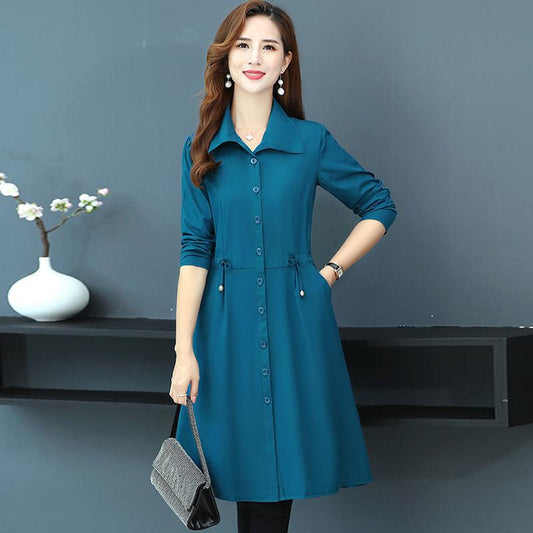 Pocket Long-sleeved Dress High-end Mid-length Lace-up Belly Button Skirt