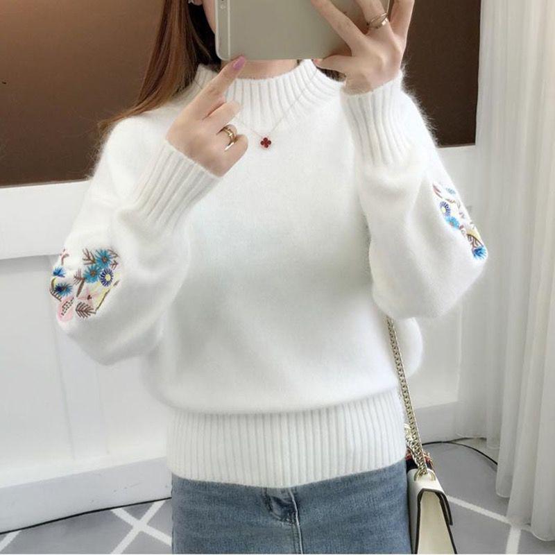 Half High Neck Short Women's Sweater Thick Embroidery Long-sleeved Pullover Sweater