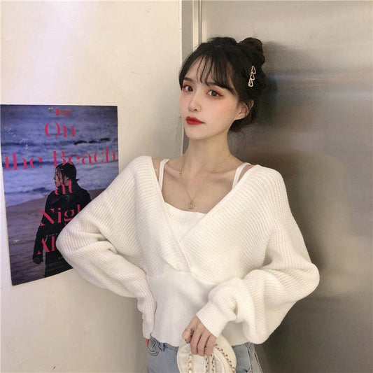 Design Sense French Niche Waist Sleeves Are Thin, Fake Two-piece Clavicle Strapless Large Size Long-sleeved Sweater Women's Blouse