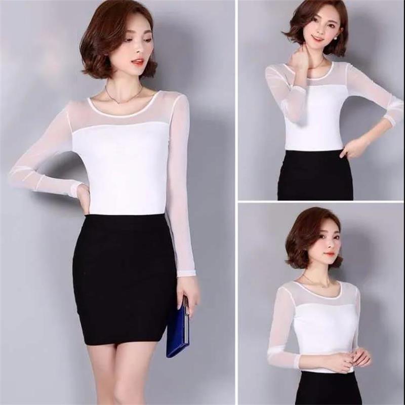 Women Net Yarn Mesh See-through Black Splicing Female Harajuku Sexy Long Sleeve Pullover Tops