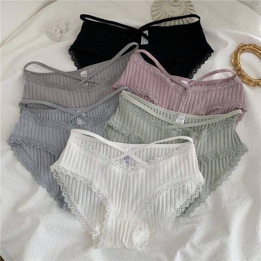 2pc Lace Panties Women's Pure Cotton Hollow Lace Design Low Waist Seamless Bottoming