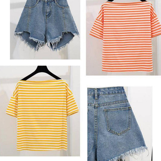 Fashion Shorts Suit Summer Off Shoulder Striped T-shirt Ripped Denim Shorts Two-Piece Casual Outfit