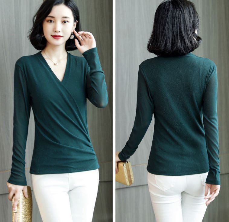 Mesh Bottoming Shirt Ladies Spring V-Neck Pullover Long Sleeve T-Shirt Slim Fit Slim Large Size Top
