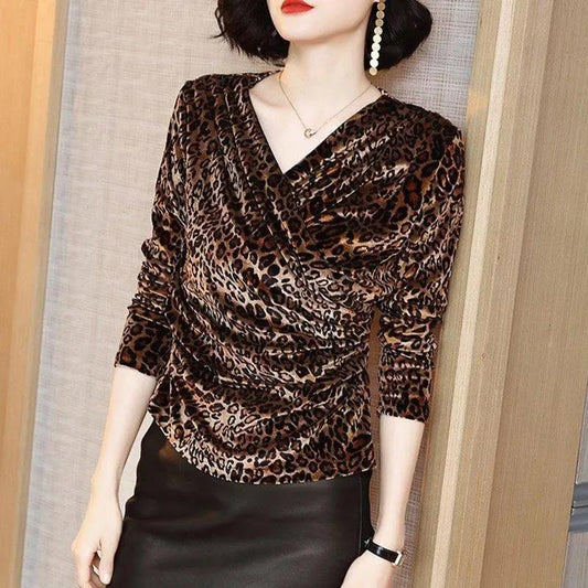 Women Elegant Golden velvet Blouse Front Cross Wrinkle Sexy Deep V-neck Long Sleeve Casual Tops Autumn Pullover