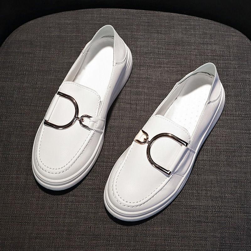 Women's Casual Flat White Shoes All-match Thin Section Breathable Loafers Women's Hollow Leather Shoes Comfortable and Breathable