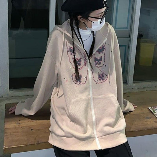 Waffle Chain Cardigan Sweater Women's Spring and Autumn Thin Hooded Jacket Loose Clothes