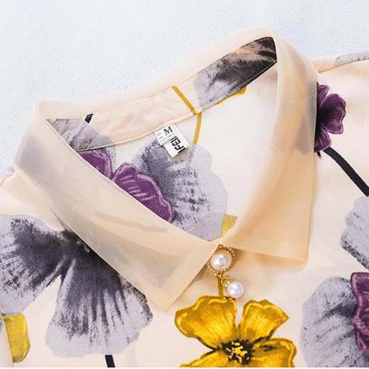 Women's Spring Autumn Chiffon Long Sleeve Top Lapel Bow Print Shirt