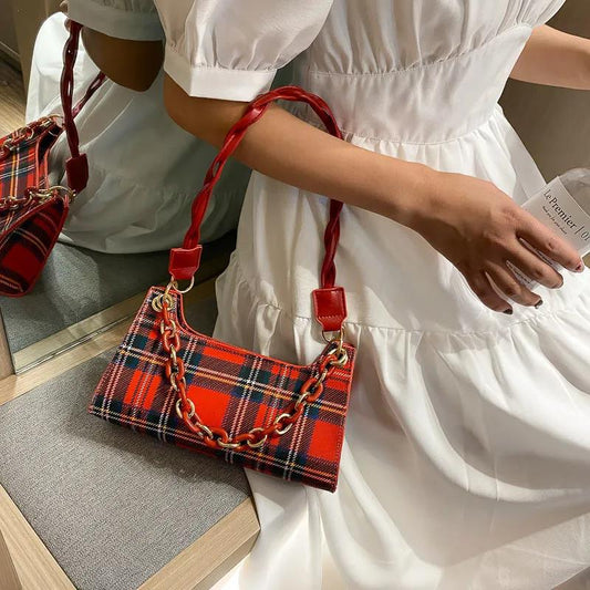 Check Lattice PU Leather Armpit Bag for Women Shoulder Handbags Lady Simple Elegant Baguette Bag