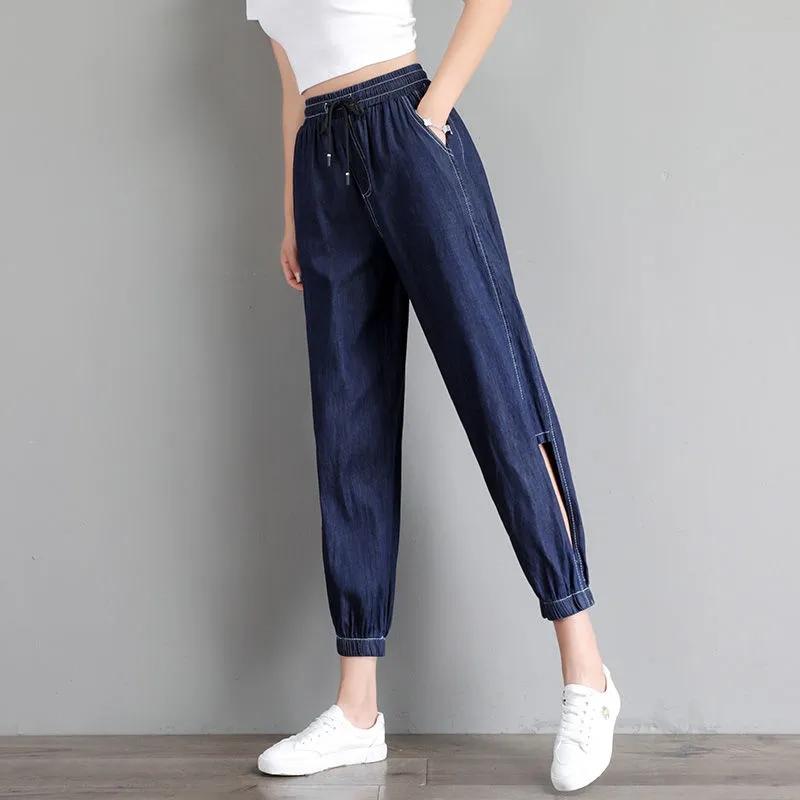 Tencel Thin Denim Jeans Women's Korean Style Loose Large Size Casual Ninth High Waist Harem Pants Outdoor Sports Denim Jeans Trousers