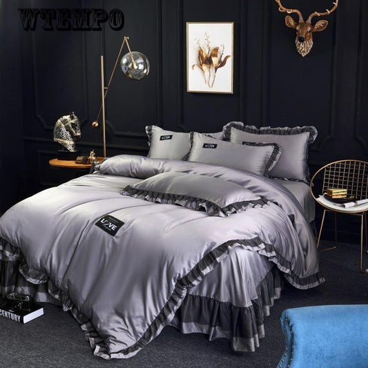 4Pcs White Color Stain Luxury Bedding Set King Queen Size Bed Set Silk Cotton Duvet Cover Bed