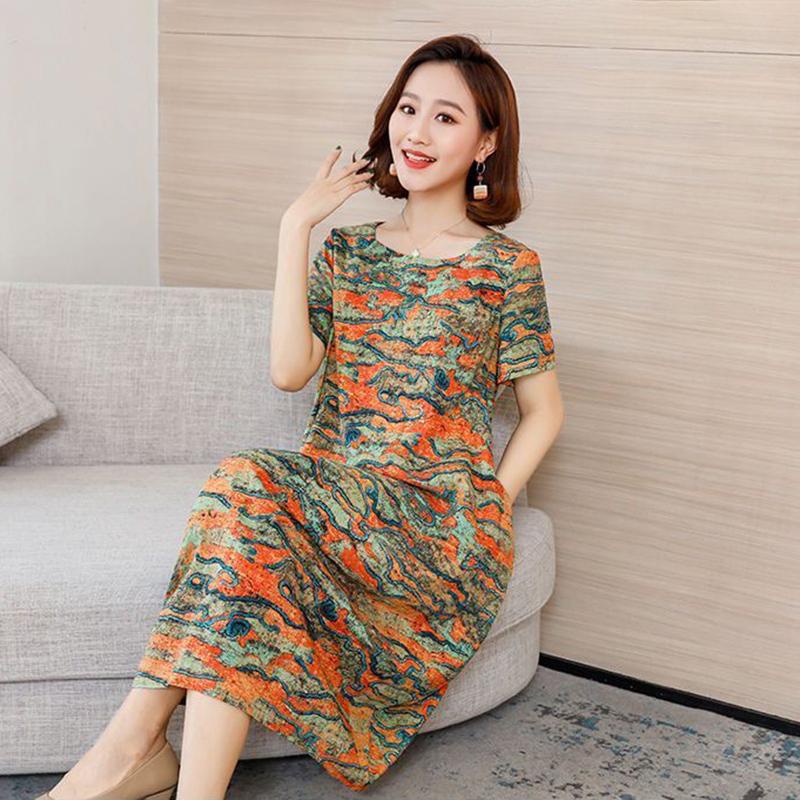 Cotton Round Neck Dress Female Was Thin and Fat MM Loose Mid-length Large Size Flower Skirt Straight Mid-length Skirt Loose Casual