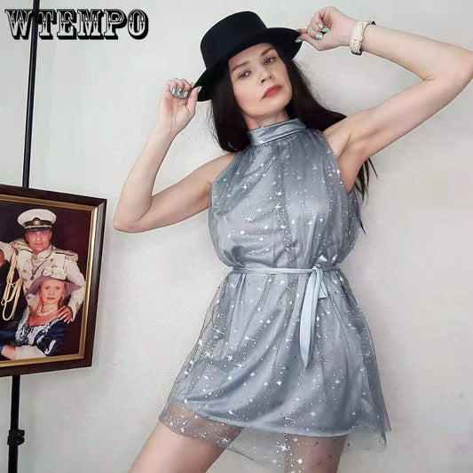 Sexy Evening Party Dress Women's Mesh Dress Shiny Short Loose Double Layer Halterneck Dress with Belt