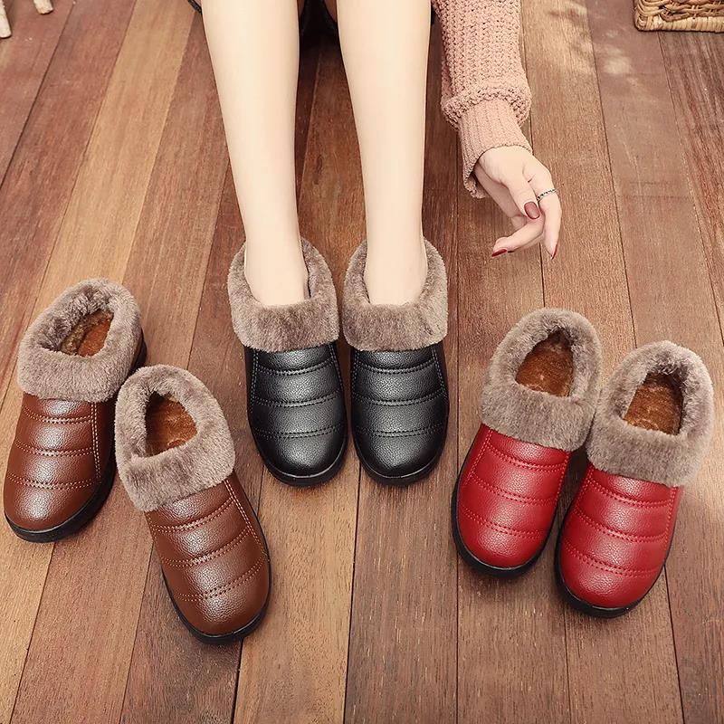 Cotton Shoes Women's Winter Plus Velvet Thickened PU Surface Waterproof and Ski Boots Thick-soled Cotton Shoes