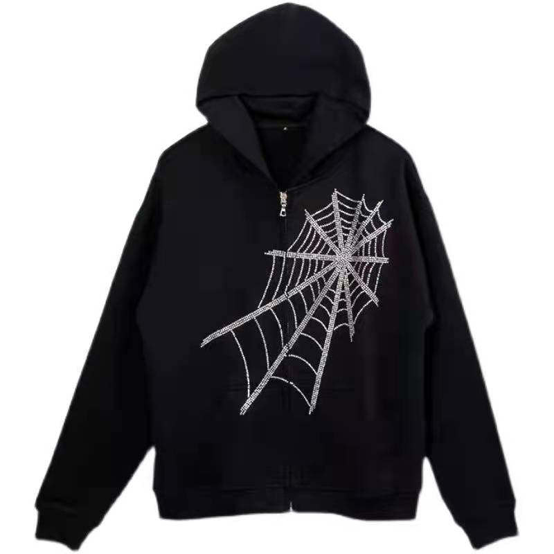 Gothic Punk Spider Web Hooded Women Fairy Grunge Dark Academia Jacket Coat Harajuku Outwear Zipper Sweatshirts Emo Alt Clothing