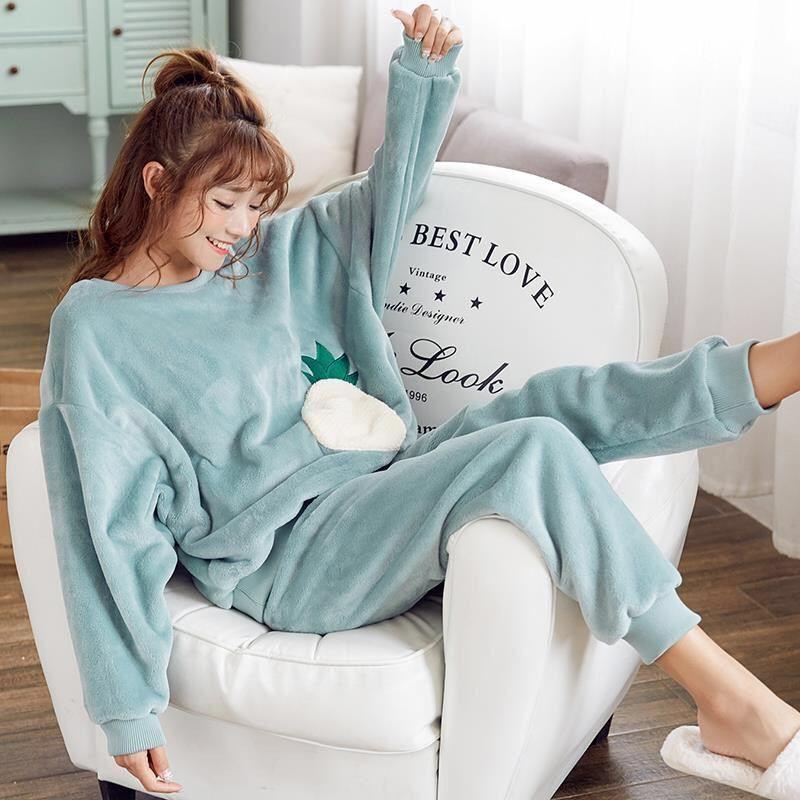 Winter Female Coral Fleece Cute Indoor Pajamas Korean Student Long-sleeved Thick Flannel Plus Size Home Service Suit