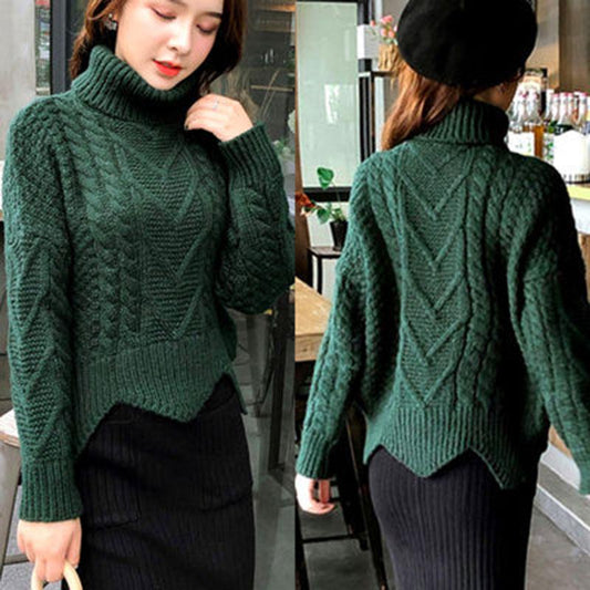 Pofulove Women Turtleneck Thickened Short Pullover Sweater Loose Twist Knit Sweater Warm Winter jumper tops