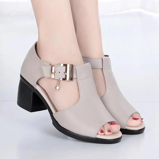 Fish Mouth Sandals Roman Women's Thick Heels All-match Medium Heel Thick Women's Shoes Comfortable High Heels One Word Buckle