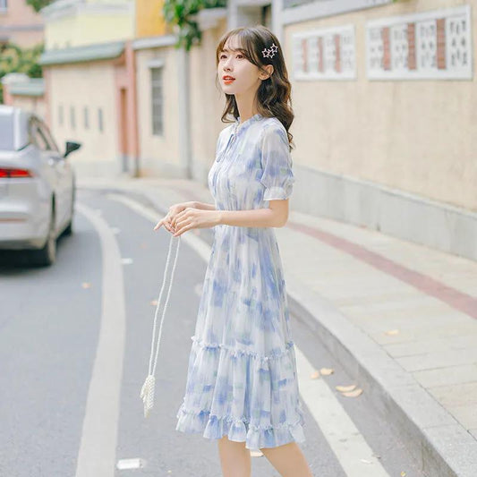 French Sweet Mid-length Dress Ruffled Gentle Cake Skirt Chiffon Mid-length Sweet Dress A-line Dress with Waist and Thin