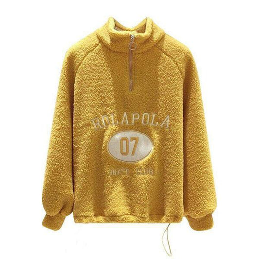 Faux Lamb Wool Plus Fleece Sweater Autumn and Winter Loose Half Zipper Coat Furry Padded Top