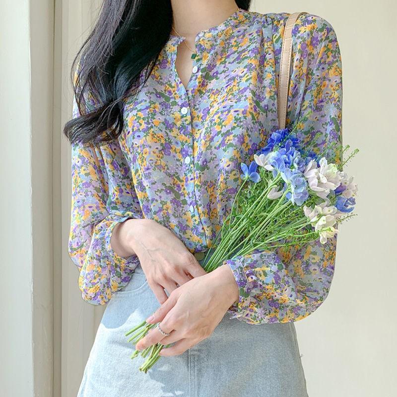 Women Chiffon Floral Blouse Printed Western Style Fashion Temperament Shirt Long Sleeve Tops