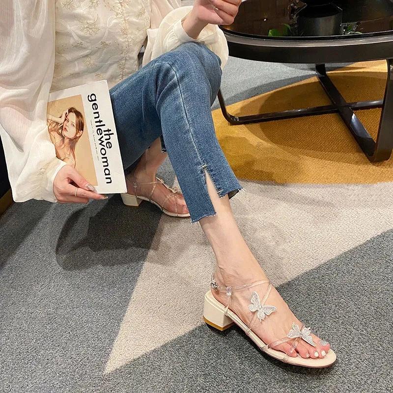 Summer Sandals Women Mid-heel Sandals Transparent Rhinestone Butterfly Sandals Female Temperament Retro All-match Shoes Comfortable and Wear-resistant