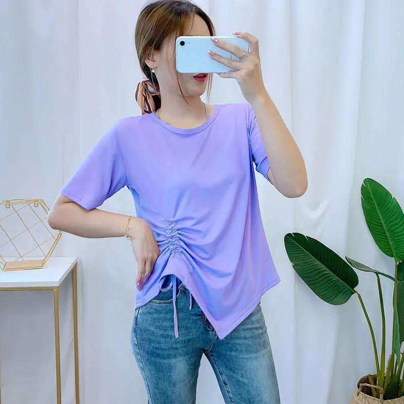Women Summer O-neck Top Irregular Bandage Pleated T-shirt Solid Color Short-sleeved Loose Casual Tee