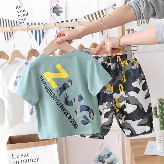 Boys Summer Round Neck Short Sleeves + Elastic Waist Camouflage Pants Suit Boys Casual Short Sleeve Camouflage Suit Handsome Baby Two-piece Suit