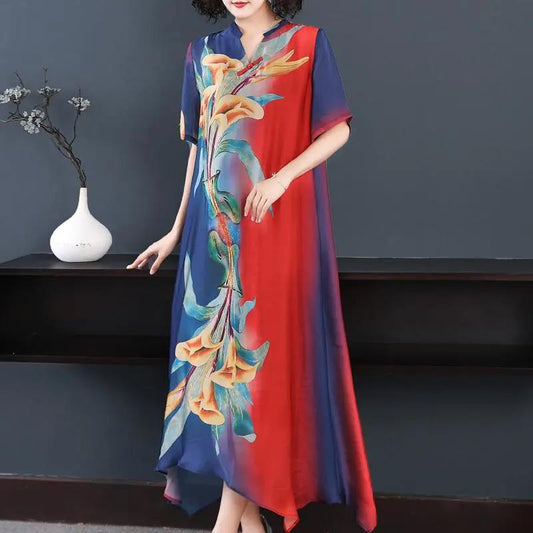 Chinese Style Cheongsam M-XXXXL Women's Summer Dress Middle-aged Short Sleeve Round Neck Printing Mid-length Daily Wear