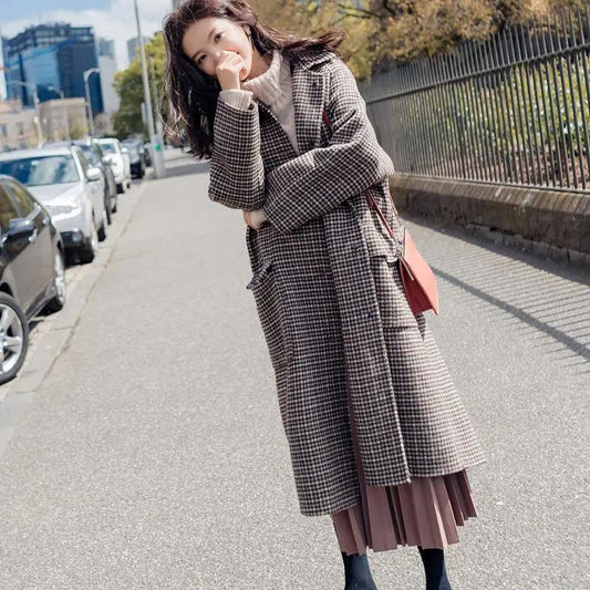 Loose Woolen Coat Women's Mid-length Houndstooth Coat Women's Autumn and Winter Models All-match Loose Mid-length Coat