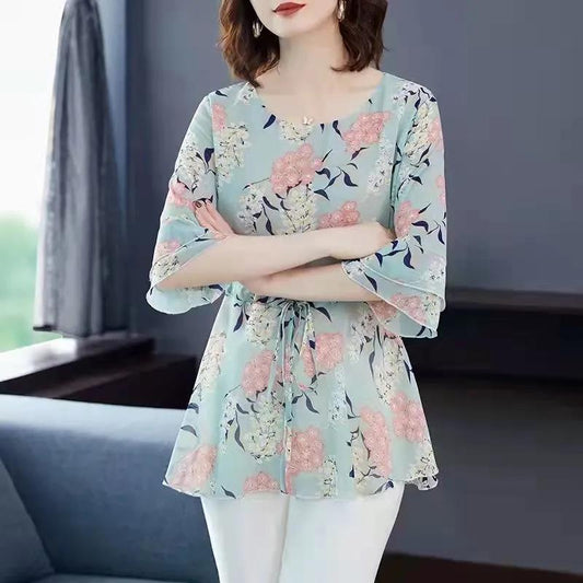Ice Silk Floral Shirt Short-sleeved Women's Waist-covering Belly Thin Large Size Summer Mid-length Bottoming Shirt Top