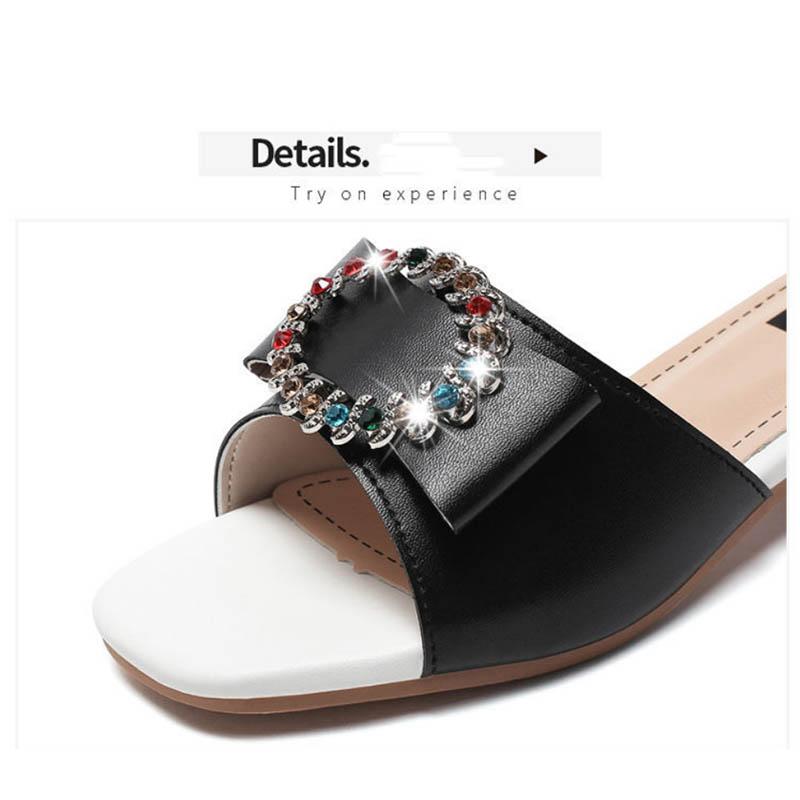 Middle Heel Square Toe Sandals Female Fairy Thick Heel Rhinestone Slippers Open Toe All-match Shoes Beach Shoes