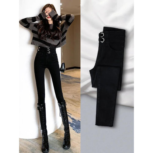 Autumn and Winter High Waist Slimming Plus Velvet Pants Pencil Pants Black Jeans