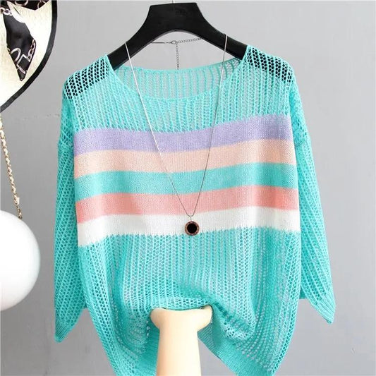 Spring and Summer Hollow Knitted Sunscreen Jacket Top Women's Loose Thin Color Stripes
