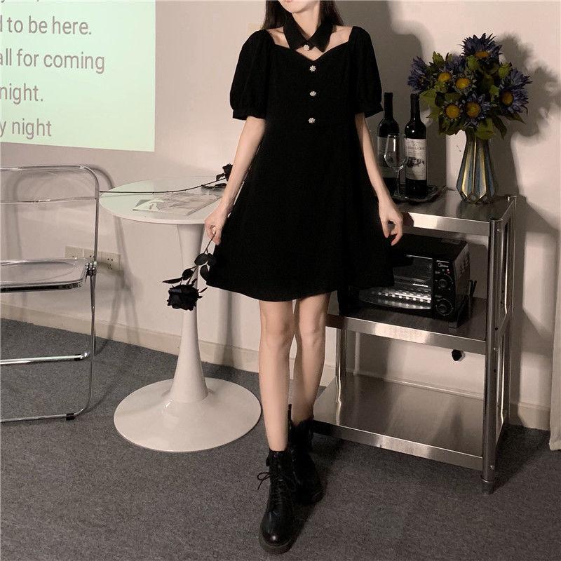 Black Sexy Dress Design Sense Niche Mid-length Split Dress Female Waist Waist Is Thinner, Black Lady A-line Version Dress Waist Waist Is Thinner