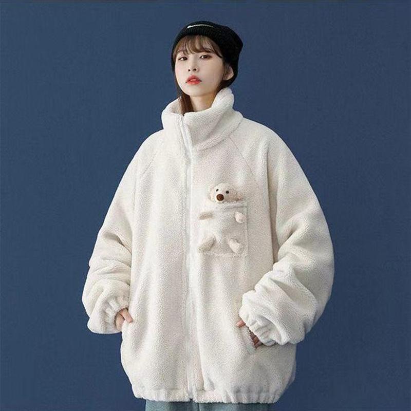 Faux Lamb Fur Bear Stand-up Collar Warm Jacket Women Autumn and Winter Loose Plus Velvet Thick Casual Cotton Warm Jacket