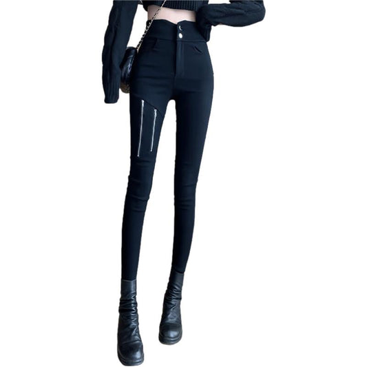 WTEMPO Women's Black Stretch Trousers Zipper Closure Leggings High Waist Worn Outside Cotton Tight Pants