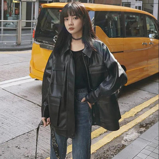 Autumn and Winter Leather Jacket Retro Loose Motorcycle Jacket Plus Velvet Thickening Mid-length Women's Leather Jacket
