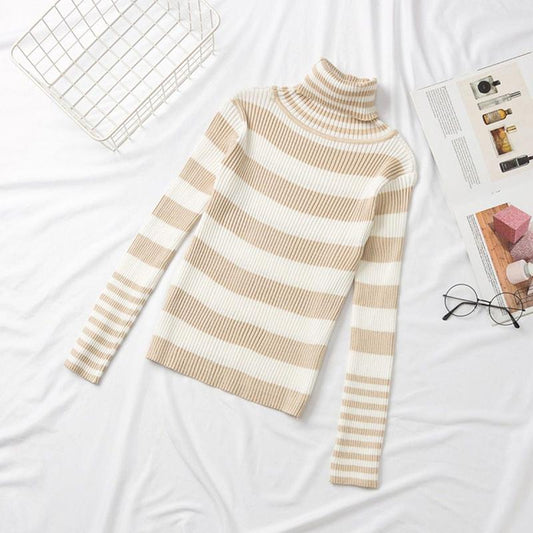 Sweater Women's Turtleneck Knitwear Black and White Striped Pullover Korean Slim Top Trendy Sweater Autumn and Winter Fashion