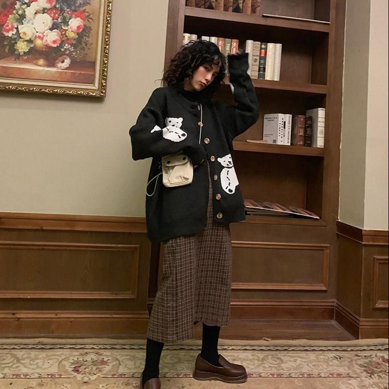 Autumn Winter Sweater Cardigan Women's Casual Loose Fashion Retro Long-sleeved Shirt Student Wild Bear Sweater Coat