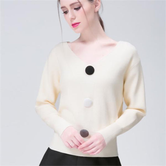 Autumn and Winter Slim Knit Bottoming Shirt Loose Pullover Button Sweater Women Fashion V-neck Solid Color Sweater
